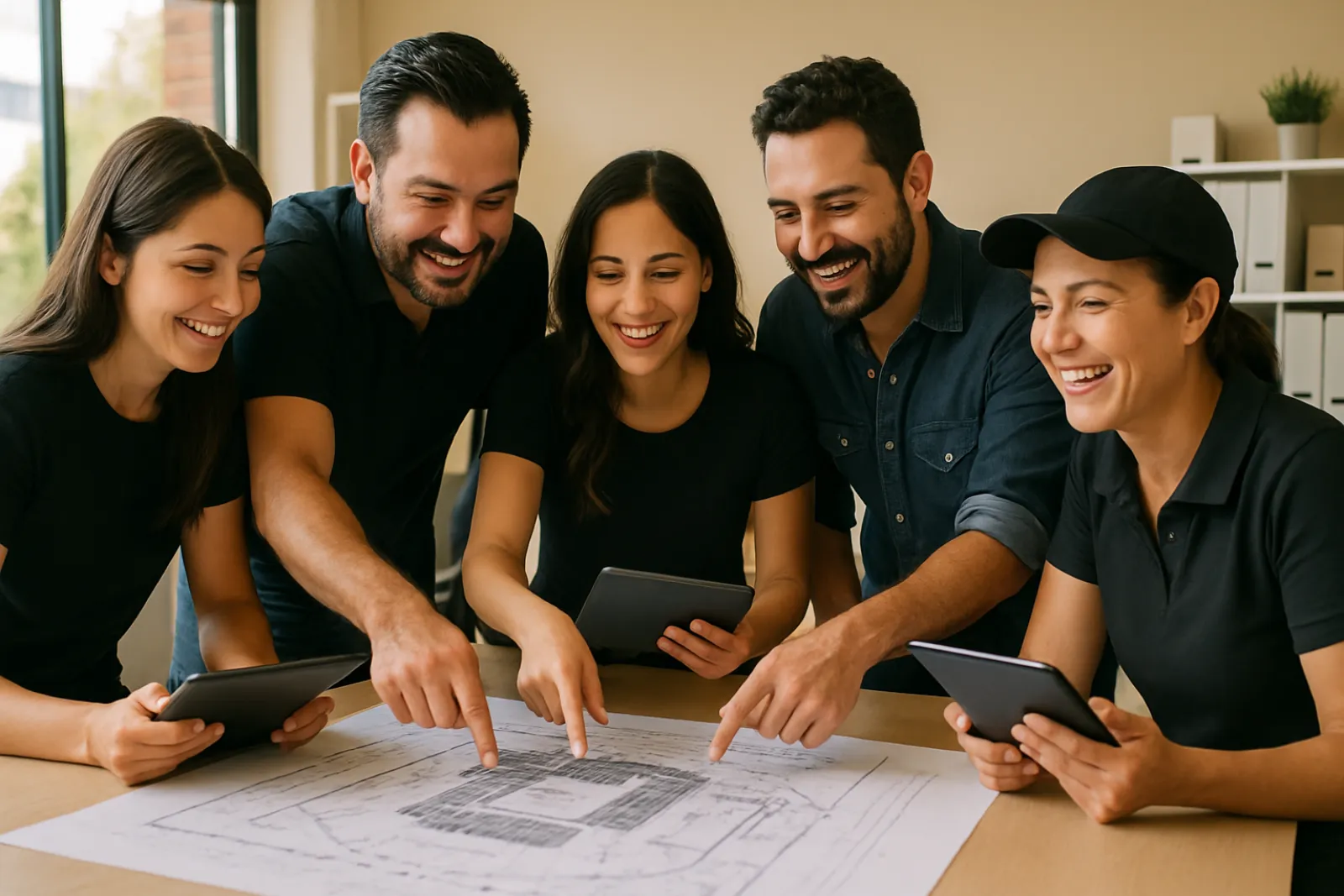 Equipo de una empresa organizadora repasando el plano del recinto antes de montar su fecha