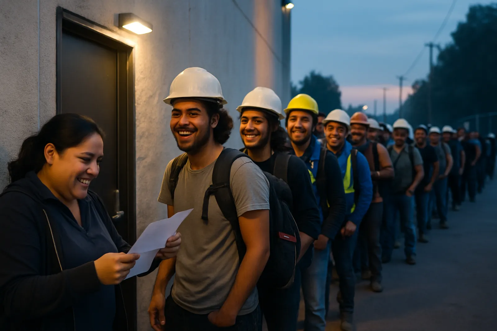 Fila de personal de montaje esperando para entrar por la puerta de personal de madrugada